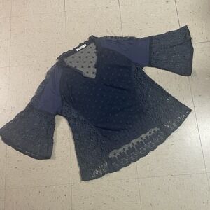 HAZEL Sz S Navy Lace/Mesh Ruffle Crochet Trim Embroidered Sheer Top Whimsigoth
